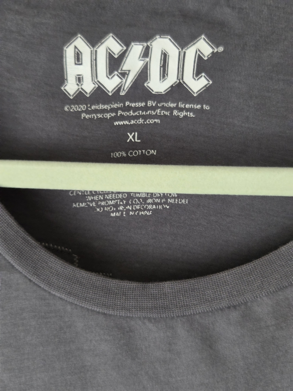 Upcycled AC/DC  High Voltage Grey Graphic Tee with Yellow Plaid Sleeves. - Picture 10 of 12